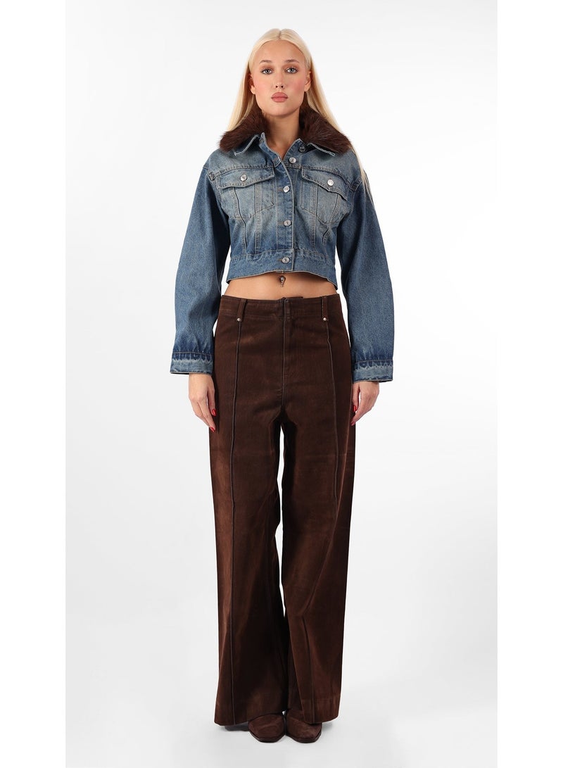 كيفيلي جاكيت جينز قصير بياقة فرو صناعي - Image 2